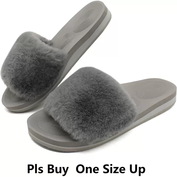 COFACE Womens Slides Fuzzy Slippers Open Toe Fluff Slippers With Arch Support Plantar Fasciitis Orthotic Slippers Women House Shoes