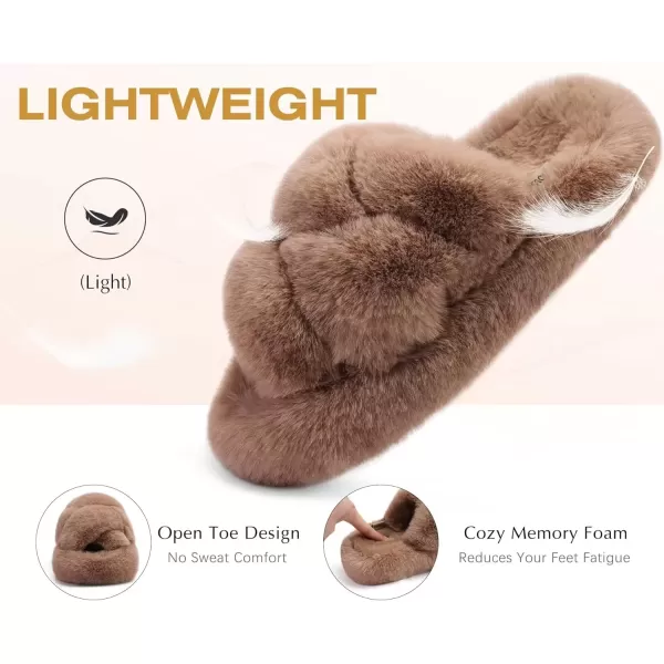 imageCOFACE Womens Fluff Slippers Open Toe Fuzzy Faux Fur Slide Slippers Ladies Comfort House Slippers Fashion Furry Slip On Platform Slippers with Arch Support Indoor Outdoor SoleBrown