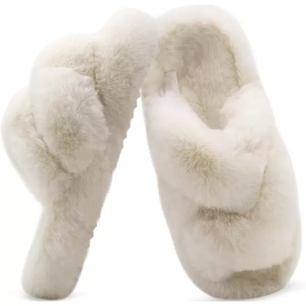 imageCOFACE Womens Fluff Slippers Open Toe Fuzzy Faux Fur Slide Slippers Ladies Comfort House Slippers Fashion Furry Slip On Platform Slippers with Arch Support Indoor Outdoor SoleBeige