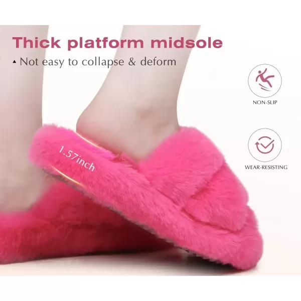 imageCOFACE Womens Fluff Slippers Open Toe Fuzzy Faux Fur Slide Slippers Ladies Comfort House Slippers Fashion Furry Slip On Platform Slippers with Arch Support Indoor Outdoor SoleRose Red