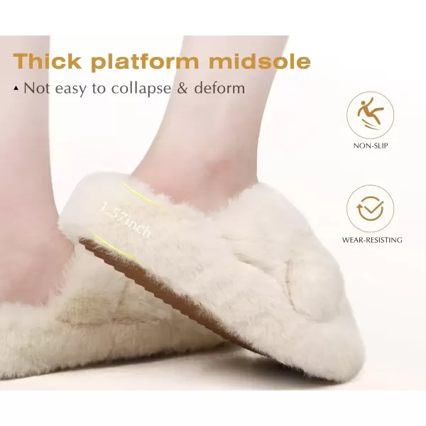 imageCOFACE Womens Fluff Slippers Open Toe Fuzzy Faux Fur Slide Slippers Ladies Comfort House Slippers Fashion Furry Slip On Platform Slippers with Arch Support Indoor Outdoor SoleBeige