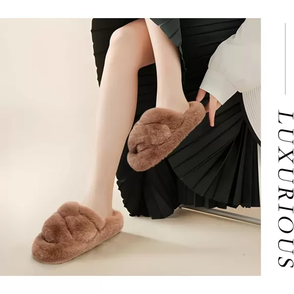 imageCOFACE Womens Fluff Slippers Open Toe Fuzzy Faux Fur Slide Slippers Ladies Comfort House Slippers Fashion Furry Slip On Platform Slippers with Arch Support Indoor Outdoor SoleBrown