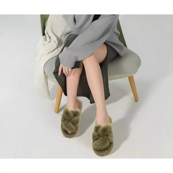 imageCOFACE Womens Fluff Slippers Open Toe Fuzzy Faux Fur Slide Slippers Ladies Comfort House Slippers Fashion Furry Slip On Platform Slippers with Arch Support Indoor Outdoor SoleGreen