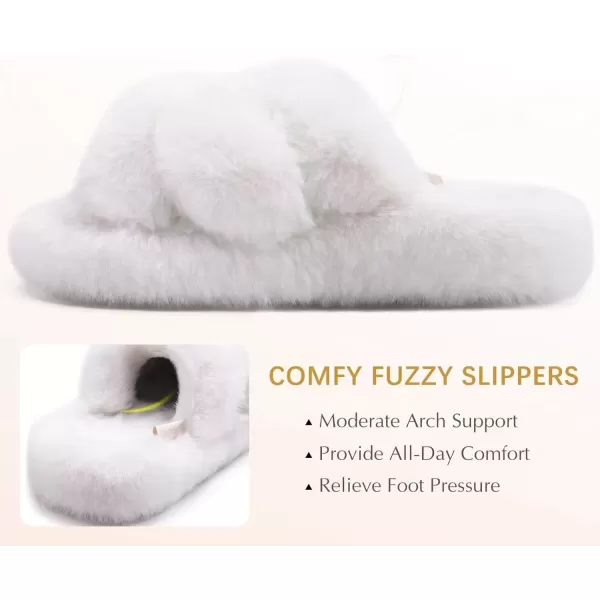 imageCOFACE Womens Fluff Slippers Open Toe Fuzzy Faux Fur Slide Slippers Ladies Comfort House Slippers Fashion Furry Slip On Platform Slippers with Arch Support Indoor Outdoor SoleWhite