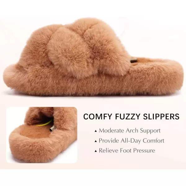 imageCOFACE Womens Fluff Slippers Open Toe Fuzzy Faux Fur Slide Slippers Ladies Comfort House Slippers Fashion Furry Slip On Platform Slippers with Arch Support Indoor Outdoor SoleKhaki