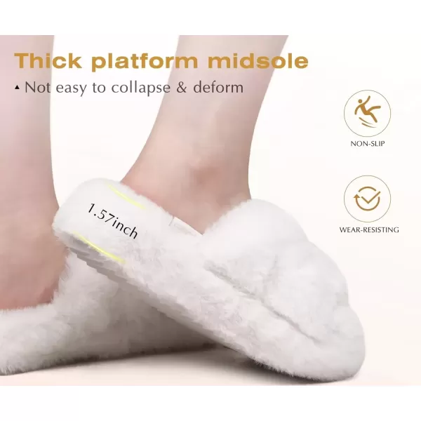 imageCOFACE Womens Fluff Slippers Open Toe Fuzzy Faux Fur Slide Slippers Ladies Comfort House Slippers Fashion Furry Slip On Platform Slippers with Arch Support Indoor Outdoor SoleWhite