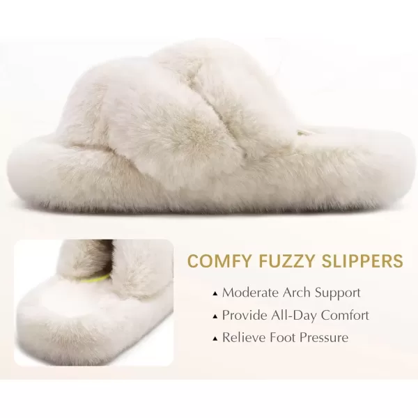 imageCOFACE Womens Fluff Slippers Open Toe Fuzzy Faux Fur Slide Slippers Ladies Comfort House Slippers Fashion Furry Slip On Platform Slippers with Arch Support Indoor Outdoor SoleBeige