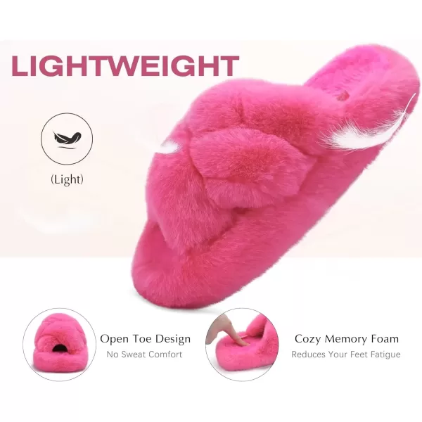 imageCOFACE Womens Fluff Slippers Open Toe Fuzzy Faux Fur Slide Slippers Ladies Comfort House Slippers Fashion Furry Slip On Platform Slippers with Arch Support Indoor Outdoor SoleRose Red