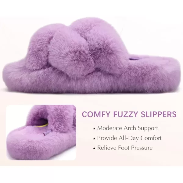 imageCOFACE Womens Fluff Slippers Open Toe Fuzzy Faux Fur Slide Slippers Ladies Comfort House Slippers Fashion Furry Slip On Platform Slippers with Arch Support Indoor Outdoor SoleLight Purple