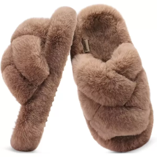 imageCOFACE Womens Fluff Slippers Open Toe Fuzzy Faux Fur Slide Slippers Ladies Comfort House Slippers Fashion Furry Slip On Platform Slippers with Arch Support Indoor Outdoor SoleBrown