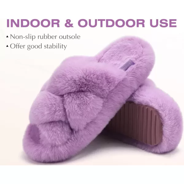 imageCOFACE Womens Fluff Slippers Open Toe Fuzzy Faux Fur Slide Slippers Ladies Comfort House Slippers Fashion Furry Slip On Platform Slippers with Arch Support Indoor Outdoor SoleLight Purple