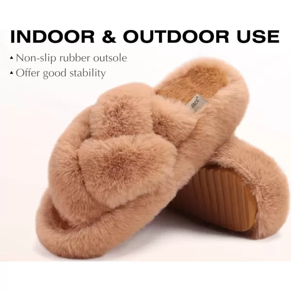imageCOFACE Womens Fluff Slippers Open Toe Fuzzy Faux Fur Slide Slippers Ladies Comfort House Slippers Fashion Furry Slip On Platform Slippers with Arch Support Indoor Outdoor SoleKhaki