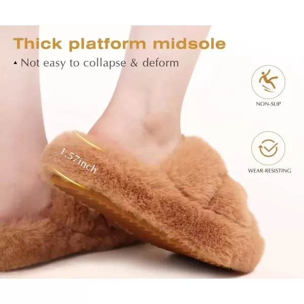 imageCOFACE Womens Fluff Slippers Open Toe Fuzzy Faux Fur Slide Slippers Ladies Comfort House Slippers Fashion Furry Slip On Platform Slippers with Arch Support Indoor Outdoor SoleKhaki