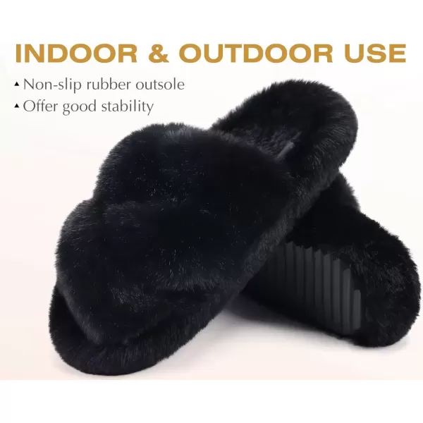 imageCOFACE Womens Fluff Slippers Open Toe Fuzzy Faux Fur Slide Slippers Ladies Comfort House Slippers Fashion Furry Slip On Platform Slippers with Arch Support Indoor Outdoor SoleBlack