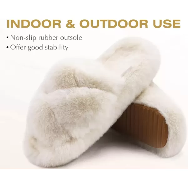 imageCOFACE Womens Fluff Slippers Open Toe Fuzzy Faux Fur Slide Slippers Ladies Comfort House Slippers Fashion Furry Slip On Platform Slippers with Arch Support Indoor Outdoor SoleBeige