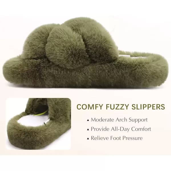 imageCOFACE Womens Fluff Slippers Open Toe Fuzzy Faux Fur Slide Slippers Ladies Comfort House Slippers Fashion Furry Slip On Platform Slippers with Arch Support Indoor Outdoor SoleGreen
