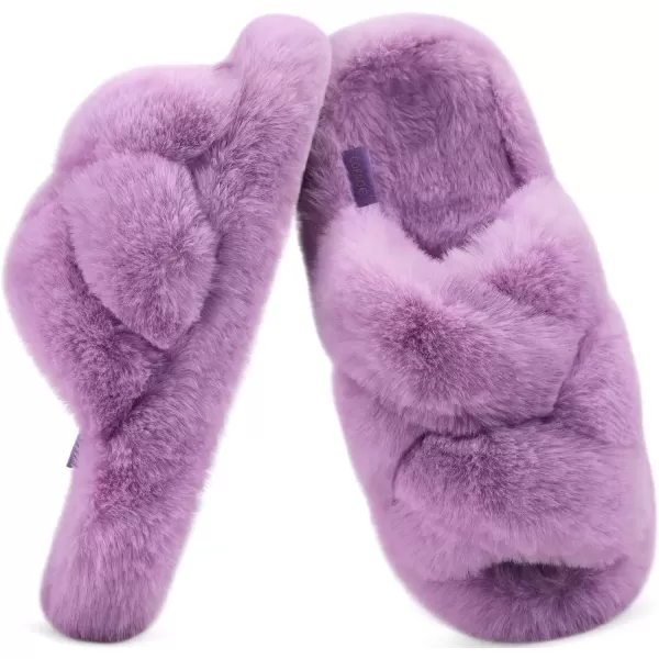 imageCOFACE Womens Fluff Slippers Open Toe Fuzzy Faux Fur Slide Slippers Ladies Comfort House Slippers Fashion Furry Slip On Platform Slippers with Arch Support Indoor Outdoor SoleLight Purple