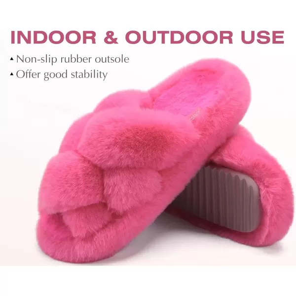 imageCOFACE Womens Fluff Slippers Open Toe Fuzzy Faux Fur Slide Slippers Ladies Comfort House Slippers Fashion Furry Slip On Platform Slippers with Arch Support Indoor Outdoor SoleRose Red