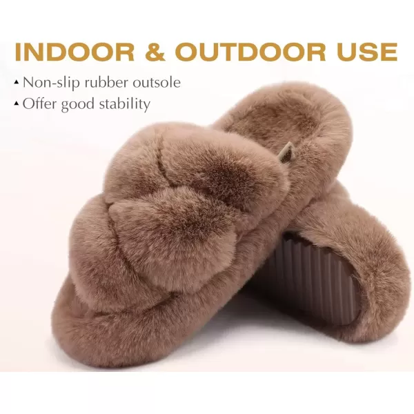 imageCOFACE Womens Fluff Slippers Open Toe Fuzzy Faux Fur Slide Slippers Ladies Comfort House Slippers Fashion Furry Slip On Platform Slippers with Arch Support Indoor Outdoor SoleBrown