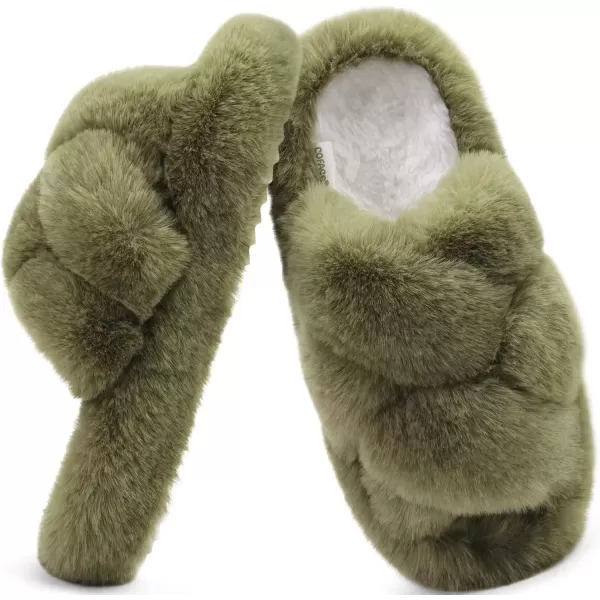 imageCOFACE Womens Fluff Slippers Open Toe Fuzzy Faux Fur Slide Slippers Ladies Comfort House Slippers Fashion Furry Slip On Platform Slippers with Arch Support Indoor Outdoor SoleGreen