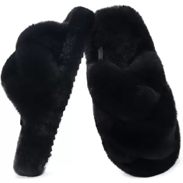 imageCOFACE Womens Fluff Slippers Open Toe Fuzzy Faux Fur Slide Slippers Ladies Comfort House Slippers Fashion Furry Slip On Platform Slippers with Arch Support Indoor Outdoor SoleBlack