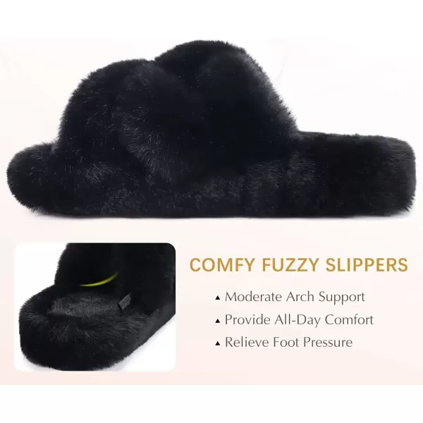 imageCOFACE Womens Fluff Slippers Open Toe Fuzzy Faux Fur Slide Slippers Ladies Comfort House Slippers Fashion Furry Slip On Platform Slippers with Arch Support Indoor Outdoor SoleBlack