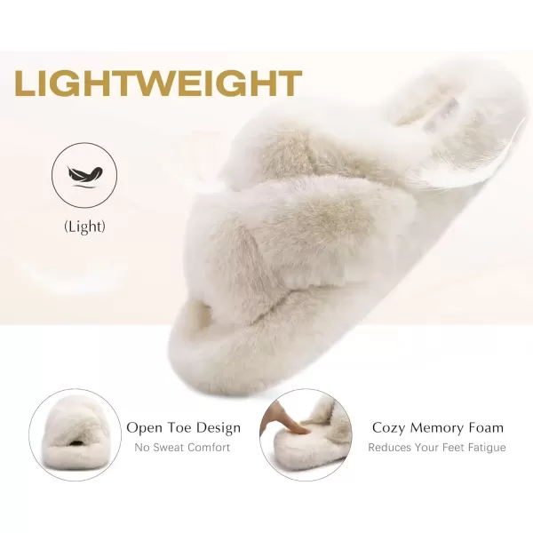 imageCOFACE Womens Fluff Slippers Open Toe Fuzzy Faux Fur Slide Slippers Ladies Comfort House Slippers Fashion Furry Slip On Platform Slippers with Arch Support Indoor Outdoor SoleBeige