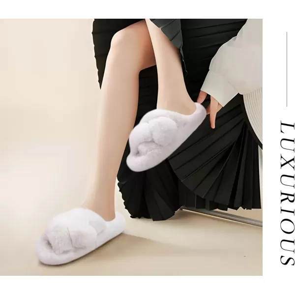 imageCOFACE Womens Fluff Slippers Open Toe Fuzzy Faux Fur Slide Slippers Ladies Comfort House Slippers Fashion Furry Slip On Platform Slippers with Arch Support Indoor Outdoor SoleWhite