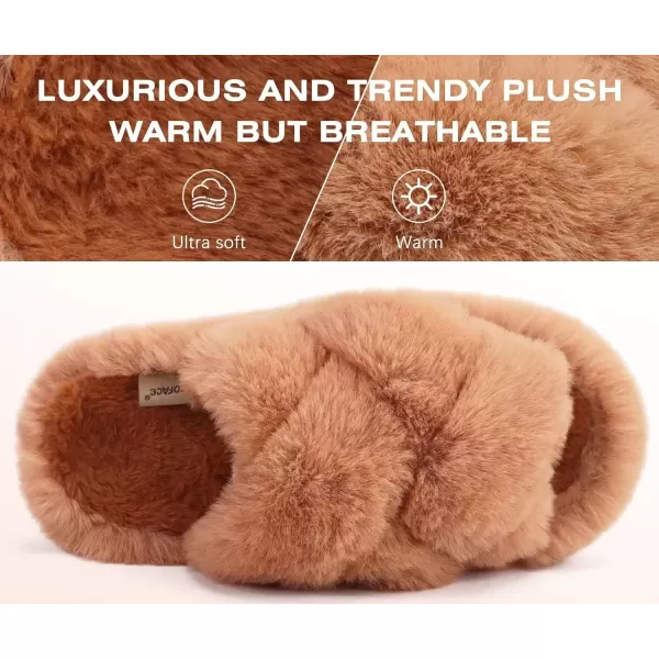 imageCOFACE Womens Fluff Slippers Open Toe Fuzzy Faux Fur Slide Slippers Ladies Comfort House Slippers Fashion Furry Slip On Platform Slippers with Arch Support Indoor Outdoor SoleKhaki