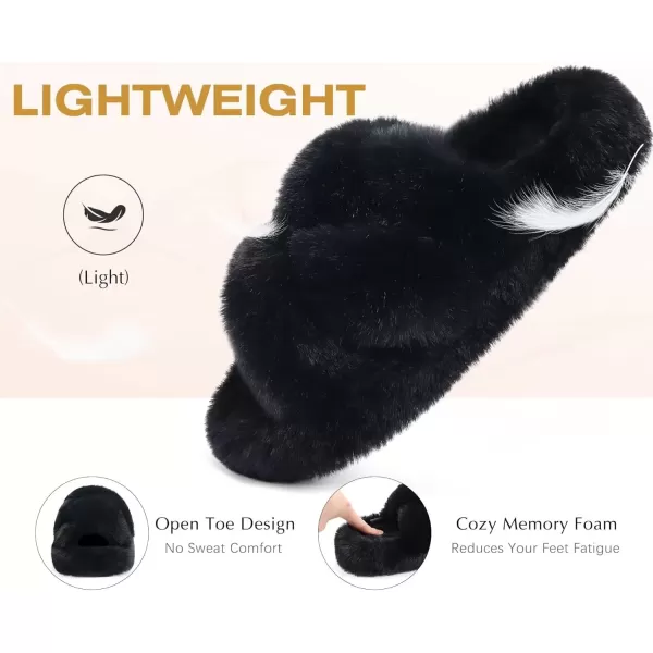 imageCOFACE Womens Fluff Slippers Open Toe Fuzzy Faux Fur Slide Slippers Ladies Comfort House Slippers Fashion Furry Slip On Platform Slippers with Arch Support Indoor Outdoor SoleBlack