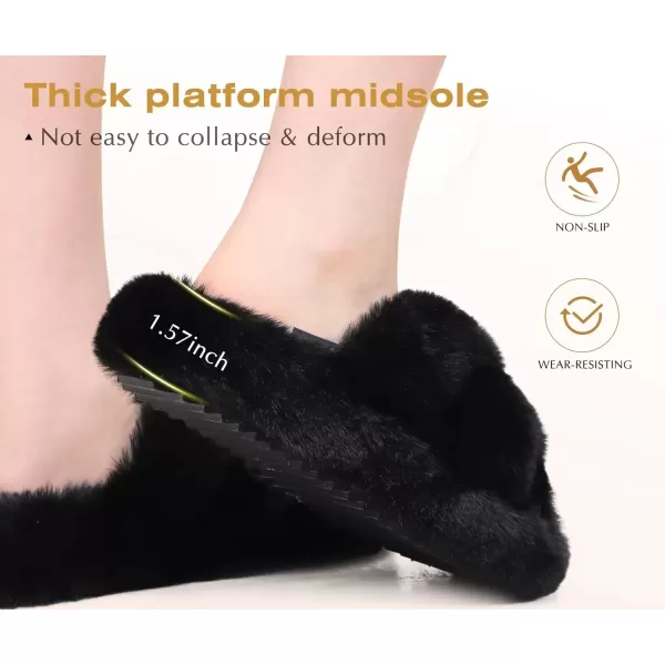 imageCOFACE Womens Fluff Slippers Open Toe Fuzzy Faux Fur Slide Slippers Ladies Comfort House Slippers Fashion Furry Slip On Platform Slippers with Arch Support Indoor Outdoor SoleBlack