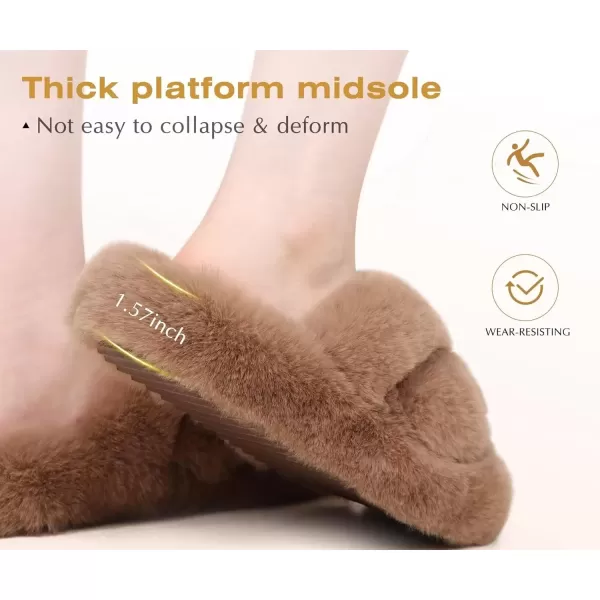 imageCOFACE Womens Fluff Slippers Open Toe Fuzzy Faux Fur Slide Slippers Ladies Comfort House Slippers Fashion Furry Slip On Platform Slippers with Arch Support Indoor Outdoor SoleBrown