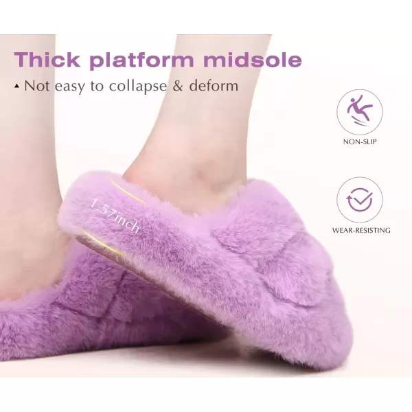 imageCOFACE Womens Fluff Slippers Open Toe Fuzzy Faux Fur Slide Slippers Ladies Comfort House Slippers Fashion Furry Slip On Platform Slippers with Arch Support Indoor Outdoor SoleLight Purple