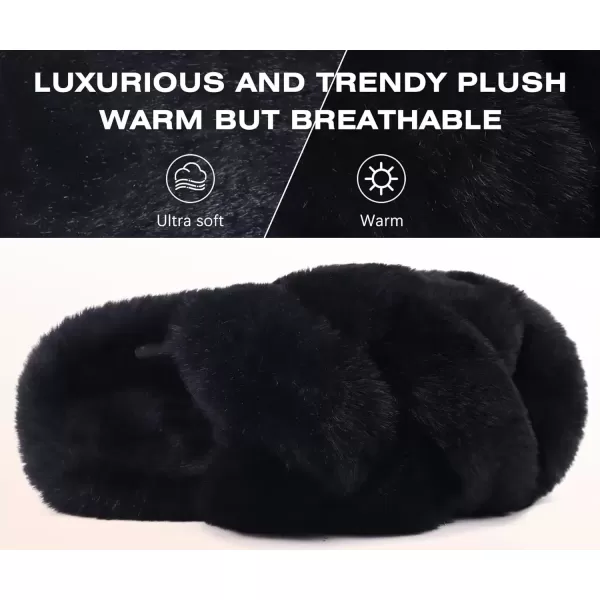 imageCOFACE Womens Fluff Slippers Open Toe Fuzzy Faux Fur Slide Slippers Ladies Comfort House Slippers Fashion Furry Slip On Platform Slippers with Arch Support Indoor Outdoor SoleBlack