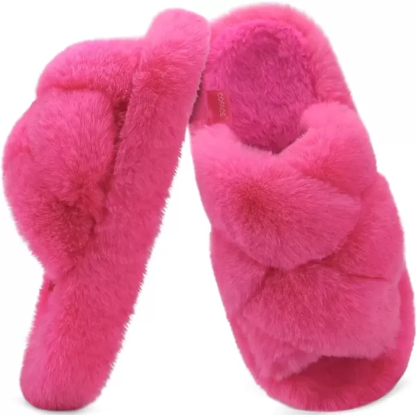 imageCOFACE Womens Fluff Slippers Open Toe Fuzzy Faux Fur Slide Slippers Ladies Comfort House Slippers Fashion Furry Slip On Platform Slippers with Arch Support Indoor Outdoor SoleRose Red