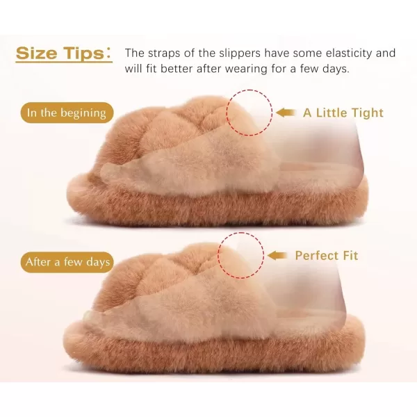 imageCOFACE Womens Fluff Slippers Open Toe Fuzzy Faux Fur Slide Slippers Ladies Comfort House Slippers Fashion Furry Slip On Platform Slippers with Arch Support Indoor Outdoor SoleKhaki