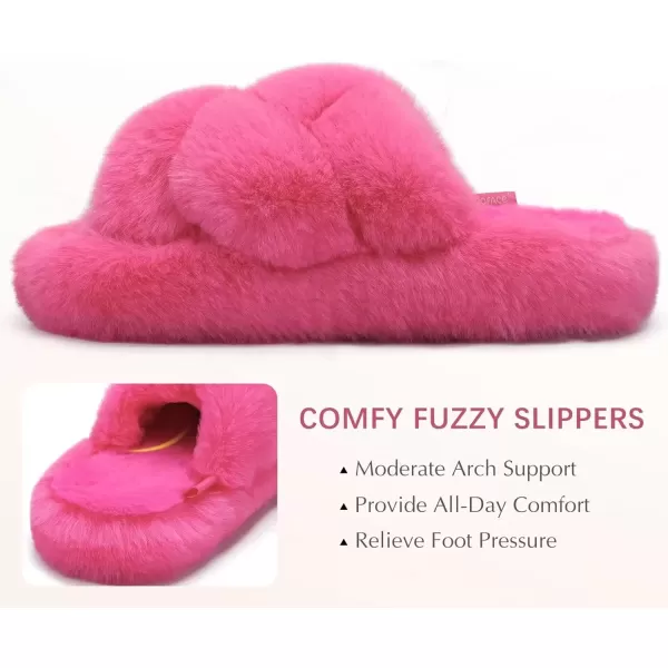 imageCOFACE Womens Fluff Slippers Open Toe Fuzzy Faux Fur Slide Slippers Ladies Comfort House Slippers Fashion Furry Slip On Platform Slippers with Arch Support Indoor Outdoor SoleRose Red