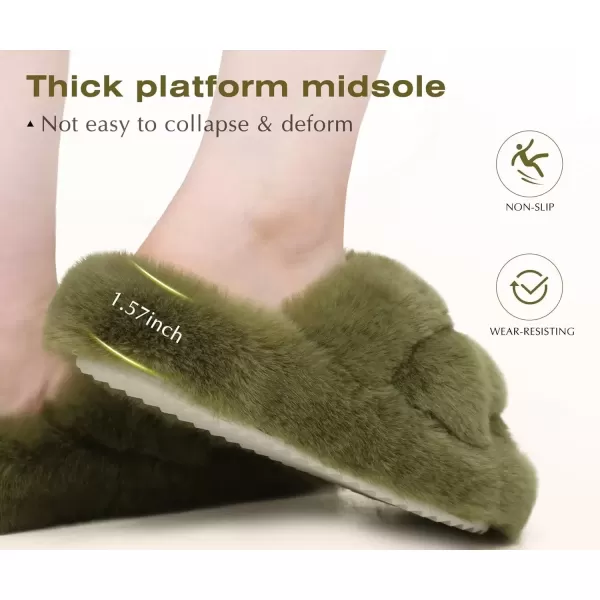 imageCOFACE Womens Fluff Slippers Open Toe Fuzzy Faux Fur Slide Slippers Ladies Comfort House Slippers Fashion Furry Slip On Platform Slippers with Arch Support Indoor Outdoor SoleGreen