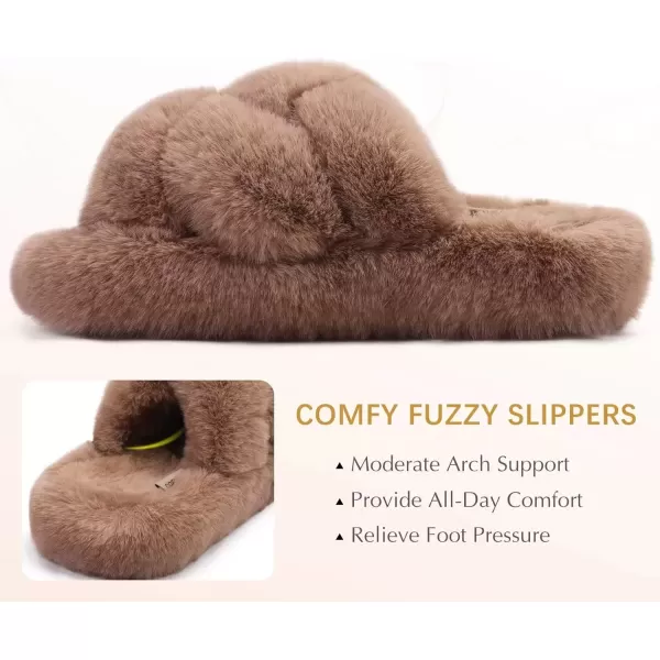 imageCOFACE Womens Fluff Slippers Open Toe Fuzzy Faux Fur Slide Slippers Ladies Comfort House Slippers Fashion Furry Slip On Platform Slippers with Arch Support Indoor Outdoor SoleBrown