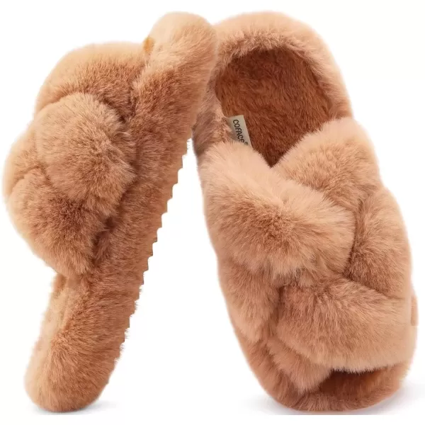 imageCOFACE Womens Fluff Slippers Open Toe Fuzzy Faux Fur Slide Slippers Ladies Comfort House Slippers Fashion Furry Slip On Platform Slippers with Arch Support Indoor Outdoor SoleKhaki