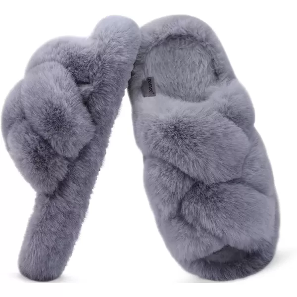 imageCOFACE Womens Fluff Slippers Open Toe Fuzzy Faux Fur Slide Slippers Ladies Comfort House Slippers Fashion Furry Slip On Platform Slippers with Arch Support Indoor Outdoor SoleGrey