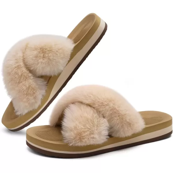 imageCOFACE Womens Fuzzy Slides Fluff Faux Fur Cross Slippers Open Toe Yoga Mat House Slippers Sandals With Arch Support For IndoorOutdoorBeige