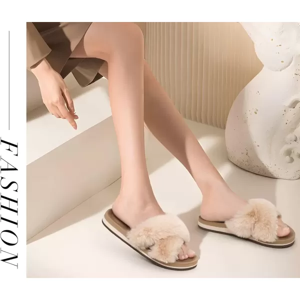 imageCOFACE Womens Fuzzy Slides Fluff Faux Fur Cross Slippers Open Toe Yoga Mat House Slippers Sandals With Arch Support For IndoorOutdoorBeige