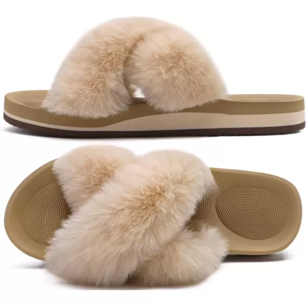 imageCOFACE Womens Fuzzy Slides Fluff Faux Fur Cross Slippers Open Toe Yoga Mat House Slippers Sandals With Arch Support For IndoorOutdoorBeige