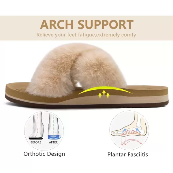 imageCOFACE Womens Fuzzy Slides Fluff Faux Fur Cross Slippers Open Toe Yoga Mat House Slippers Sandals With Arch Support For IndoorOutdoorBeige