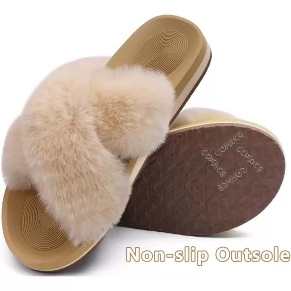 imageCOFACE Womens Fuzzy Slides Fluff Faux Fur Cross Slippers Open Toe Yoga Mat House Slippers Sandals With Arch Support For IndoorOutdoorBeige