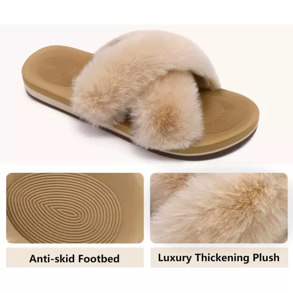 imageCOFACE Womens Fuzzy Slides Fluff Faux Fur Cross Slippers Open Toe Yoga Mat House Slippers Sandals With Arch Support For IndoorOutdoorBeige