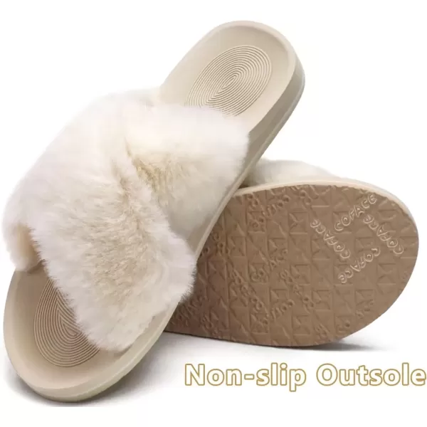 imageCOFACE Womens Fuzzy Slides Fluff Faux Fur Cross Slippers Open Toe Yoga Mat House Slippers Sandals With Arch Support For IndoorOutdoorBeige White