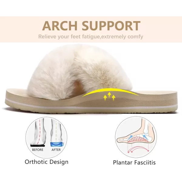 imageCOFACE Womens Fuzzy Slides Fluff Faux Fur Cross Slippers Open Toe Yoga Mat House Slippers Sandals With Arch Support For IndoorOutdoorBeige White