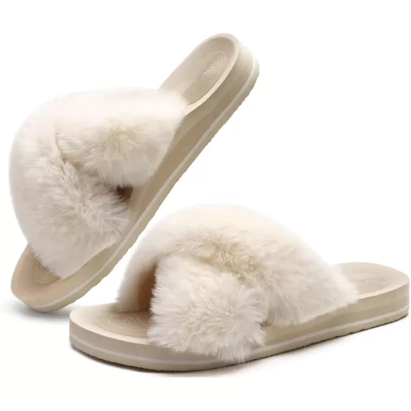 imageCOFACE Womens Fuzzy Slides Fluff Faux Fur Cross Slippers Open Toe Yoga Mat House Slippers Sandals With Arch Support For IndoorOutdoorBeige White